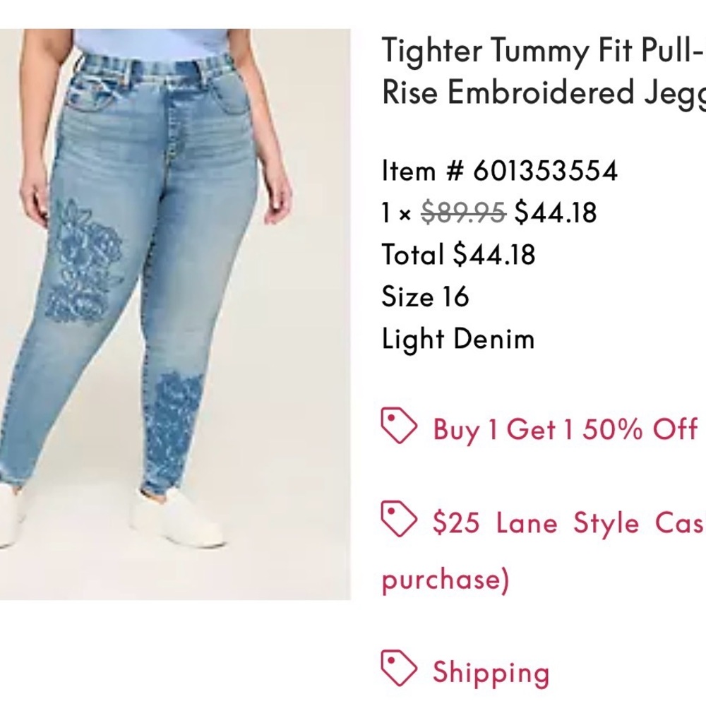 Lane Bryant Tighter Tummy Fit Pull-On High-Rise Embroidered Jeggings Light Denim